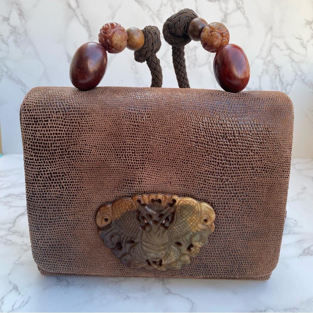 VTG Rafael Sanchez Leather Shoulder Bag/Purse Braided Strap/ Carved Jade